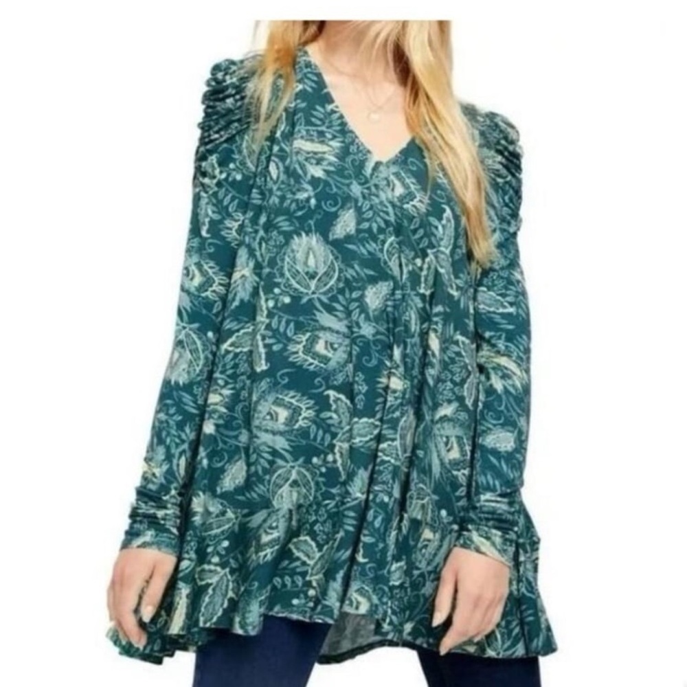Free People Teal Floral V-Neck Ruffle Tunic